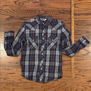 Blue Plaid Western Shirt with pearl buttons